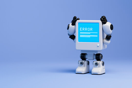 3D robot with blue error screen showing frustration