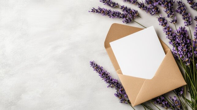 Lavender flowers frame a blank white card inside a brown envelope, creating a fresh and clean layout on a light background - Powered by Adobe