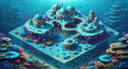 Isometric Underwater Cityscape with Coral Reefs and Turquoise Water.