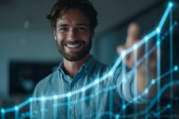A smiling young executive pointing at a transparent holographic chart displaying a rising profit graph, surrounded by subtle data streams