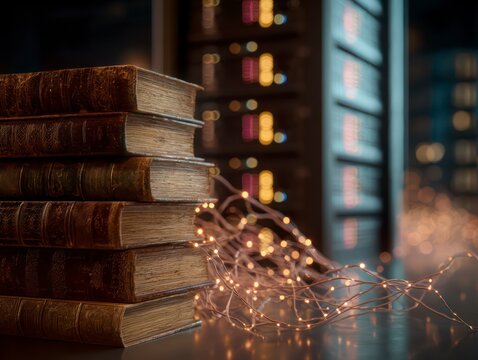 A stack of vintage books next to a single modern server rack, connected by abstract, glowing neural pathways