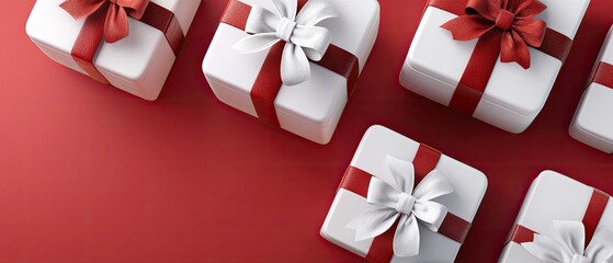 A collection of silver and white ornaments, gifts, and stars beautifully arranged on a bright red surface, creating a festive atmosphere