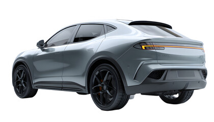 Fototapeta premium Transparent background, a gray colored modern electric suv car at a rear right angle, highlighting its streamlined back and sculpted body in a stunning 3D render.