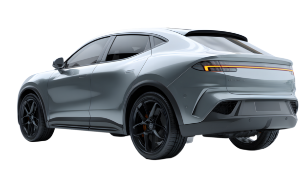 Transparent background, a gray colored modern electric suv car at a rear right angle, highlighting its streamlined back and sculpted body in a stunning 3D render. - Powered by Adobe