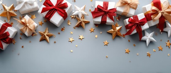 Two elegantly wrapped gifts sit on a soft light blue surface, adorned with stylish blue ribbons and white snowflakes