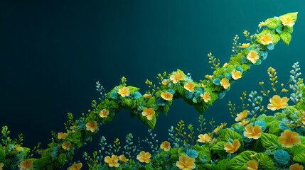 A stylized, vibrant line graph showing a sharp upward trend, with the lines made of small, blooming flowers and fresh green leave
