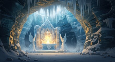 Enchanting Ice Palace Entrance with Glowing Throne and Icicles.
