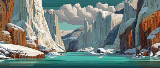 A stunning, stylized Art Deco landscape of steep, snowy cliffs meeting a calm, deep teal sea. Geometric patterns, gold accents
