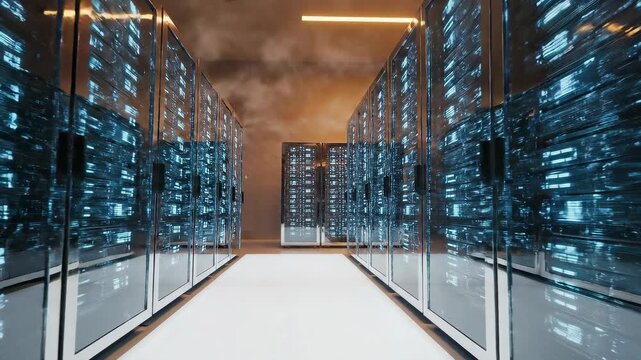 Rows of glowing blue server racks in a futuristic datacenter hallway with digital lights