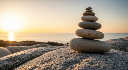 Zen stone stack balanced on rocks at the edge of the ocean during a golden sunset, symbolizing peace, harmony, and mindfulness