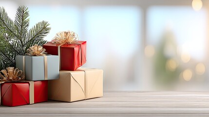 A collection of beautifully wrapped gifts with ribbons is placed under a festive tree adorned with glowing lights