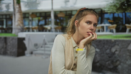 Woman touches her hand to mouth in a nailbiting moment at a cafe as a blonde young figure shows anxious nails and pensive outdoor expression.
