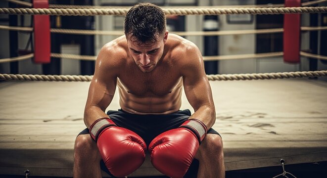 A weary boxer sits in the ring, head bowed, wearing red gloves, contemplating. - Powered by Adobe