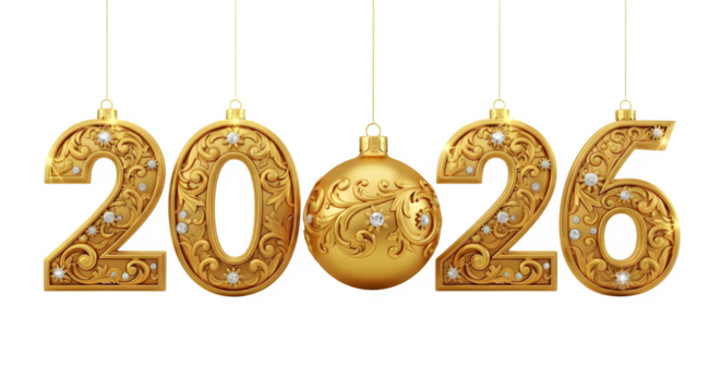 Elegant golden 2026 ornament with intricate details, perfect for celebrating a festive and luxurious New Year's Eve event