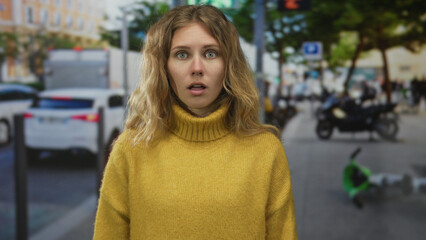 Woman face surprised street blonde young turtleneck city urban outdoors.