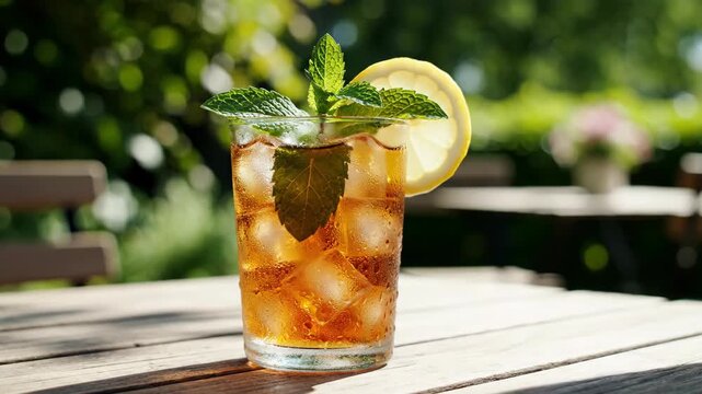 Hand Dynamically Garnishing Refreshing Iced Tea with Lemon Slice on Sunny Outdoor Table.
