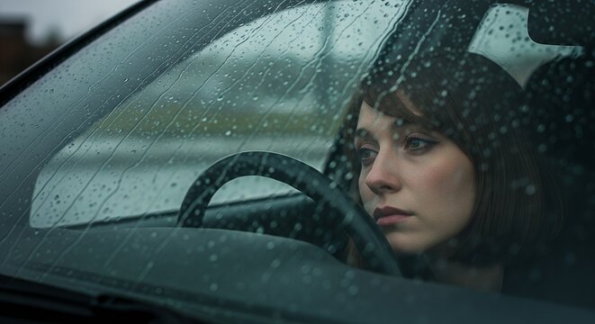 A woman sits inside a car, looking out the window on a rainy day. - Powered by Adobe