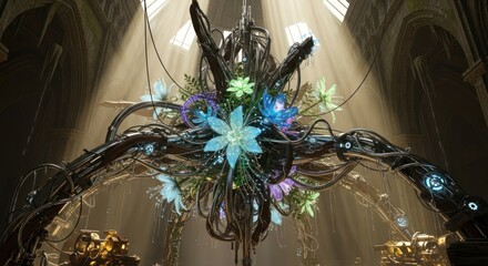 Surreal Futuristic Floral Sculpture with Glowing Elements.