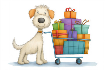 Cartoon dog with a shopping cart filled with colorful presents, showcasing a festive atmosphere and playful spirit of celebration and joy