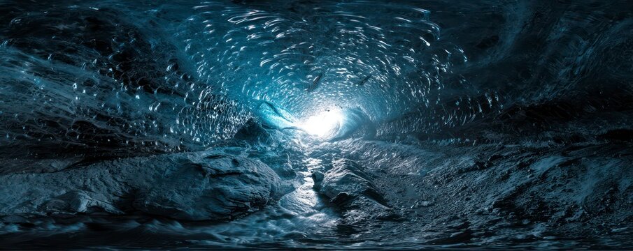 An immersive, ultra-wide view from inside a glowing blue ice cave , with refracted sunlight casting intricate patterns on the icy walls and floor