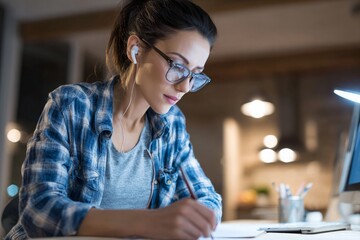 Young woman wearing glasses, headphones intently focused, writing notes at desktop by lamp.