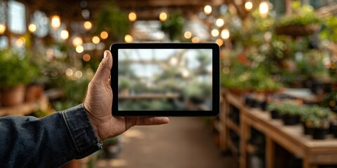 Hand holding tablet displaying blurred greenhouse plants