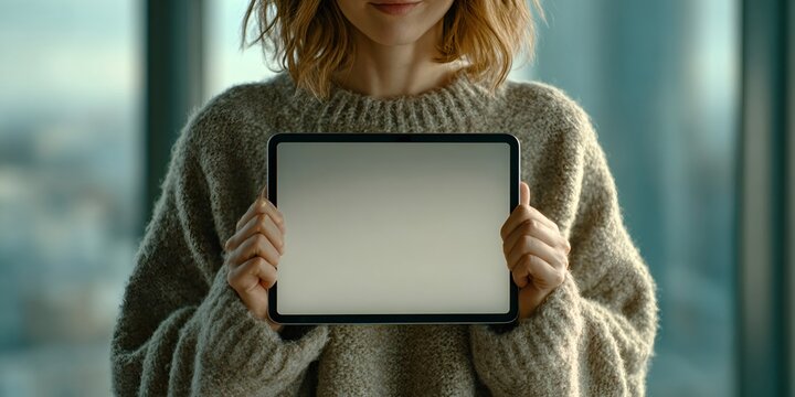 Woman holding blank screen digital tablet mockup