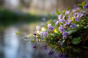  Close-up of a cluster of tiny, purple wildflowers blooming right at the edge of a still, reflective pond, with soft spring foliage blurred in the background