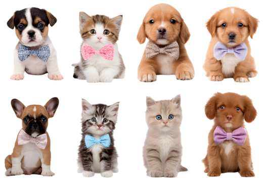 PNG Adorable puppies kittens with bows, element set on transparent background - Powered by Adobe