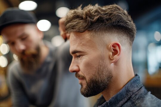 Young bearded man receiving stylish fade haircut from barber, barber meticulously styling client's hair.