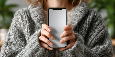 Woman holding smartphone with blank screen mockup