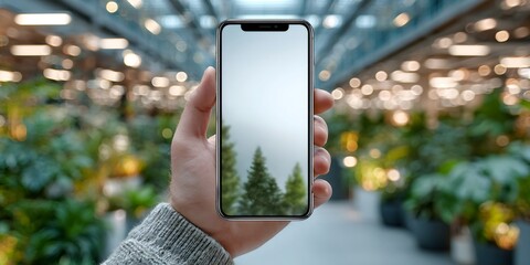Hand holding smartphone displaying augmented reality trees