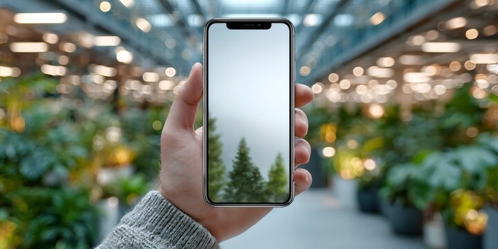 Hand holding smartphone displaying augmented reality trees