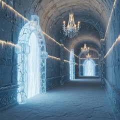 Enchanting Ice Hotel Corridor with Illuminated Arches and Chandeliers.