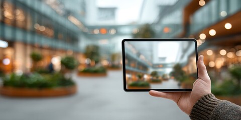 Hand holding tablet using augmented reality inside mall