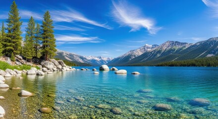 Serene mountain lake landscape with crystal clear turquoise water, rocky shore, evergreen trees, and majestic snowcapped peaks under a vibrant blue sky with wispy clouds