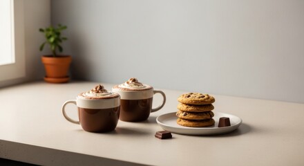 Cozy Hot Chocolate Mugs with Whipped Cream and Chocolate Chip Cookies.