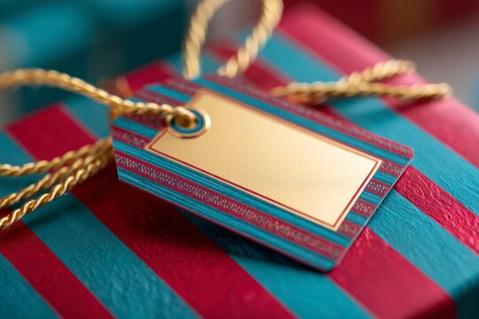  Close-up of a small, elegant gift tag attached with a gold cord to a red and teal striped box, with blank tag