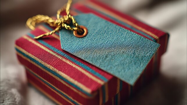  Close-up of a small, elegant gift tag attached with a gold cord to a red and teal striped box, with blank tag