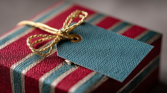  Close-up of a small, elegant gift tag attached with a gold cord to a red and teal striped box, with blank tag