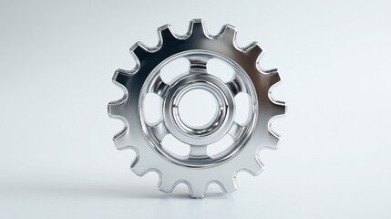 Sleek metallic cogwheel symbolizes industry, innovation, and mechanical precision in a clean, modern studio setting