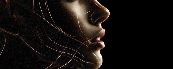 Close-up of a woman's profile with subtle, glowing golden geometric lines overlaid, emphasizing the classic proportions