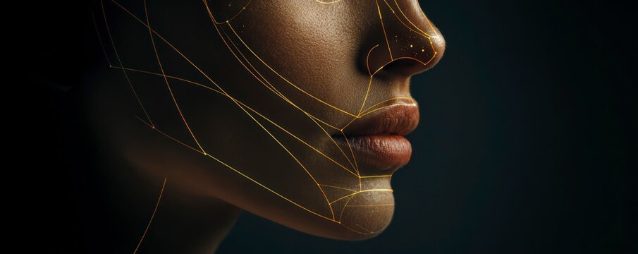  Close-up of a woman's profile with subtle, glowing golden geometric lines overlaid, emphasizing the classic proportions