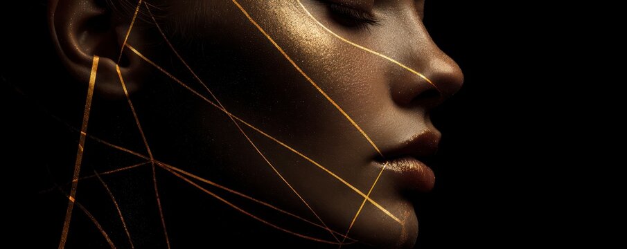 Close-up of a woman's profile with subtle, glowing golden geometric lines overlaid, emphasizing the classic proportions - Powered by Adobe