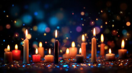Warm, glowing candles illuminate a festive, sparkling night, creating a magical ambiance for celebrations and special moments.