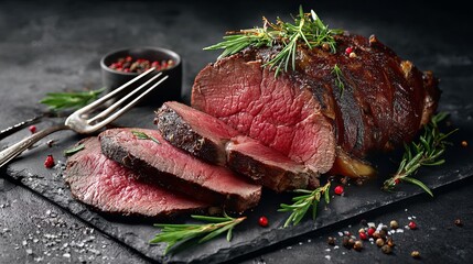 Succulent, perfectly roasted beef prime rib carved for a gourmet meal presentation with fresh rosemary and peppercorns, embodying culinary excellence and indulgence.