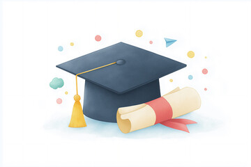 Graduation cap and diploma scroll with colorful confetti elements, representing academic achievement and celebration in a cheerful illustration style