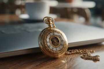  Close-up of an old, elegant pocket watch resting next to a sleek, modern, minimalist laptop