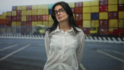 Woman wearing glasses stands at an industrial shipping port with colorful container stacks behind her; determination.