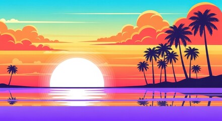 Vibrant retro pixel art sunset over a tranquil ocean with silhouetted palm trees and a calm water reflection, evoking a nostalgic tropical paradise